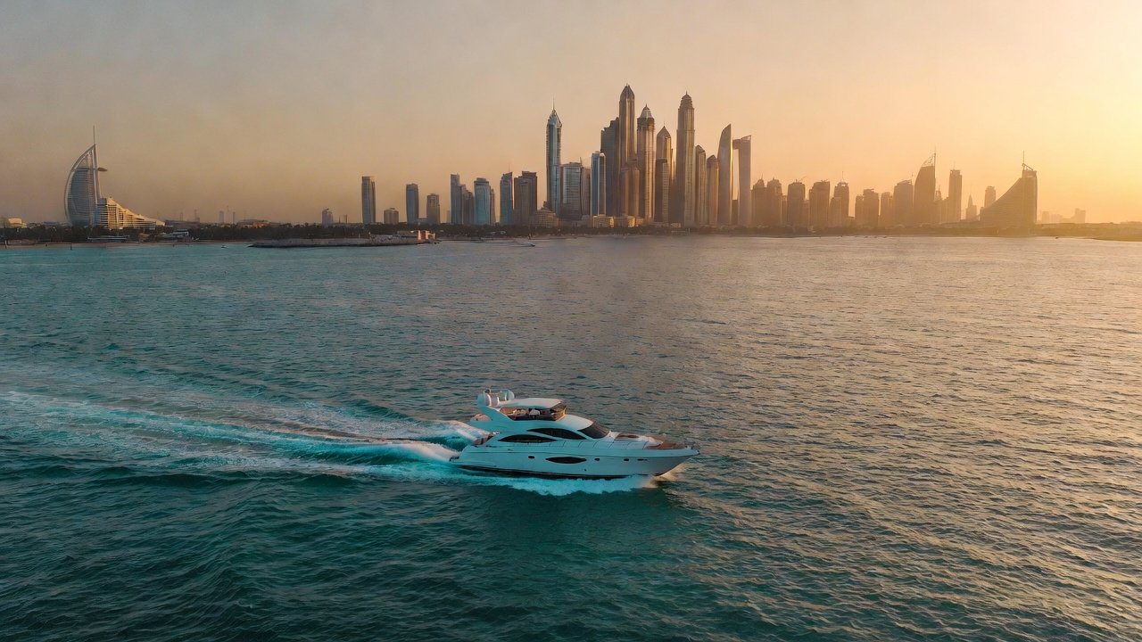 Luxury yacht cruising past Burj Al Arab in Dubai with Palm Jumeirah skyline at sunset