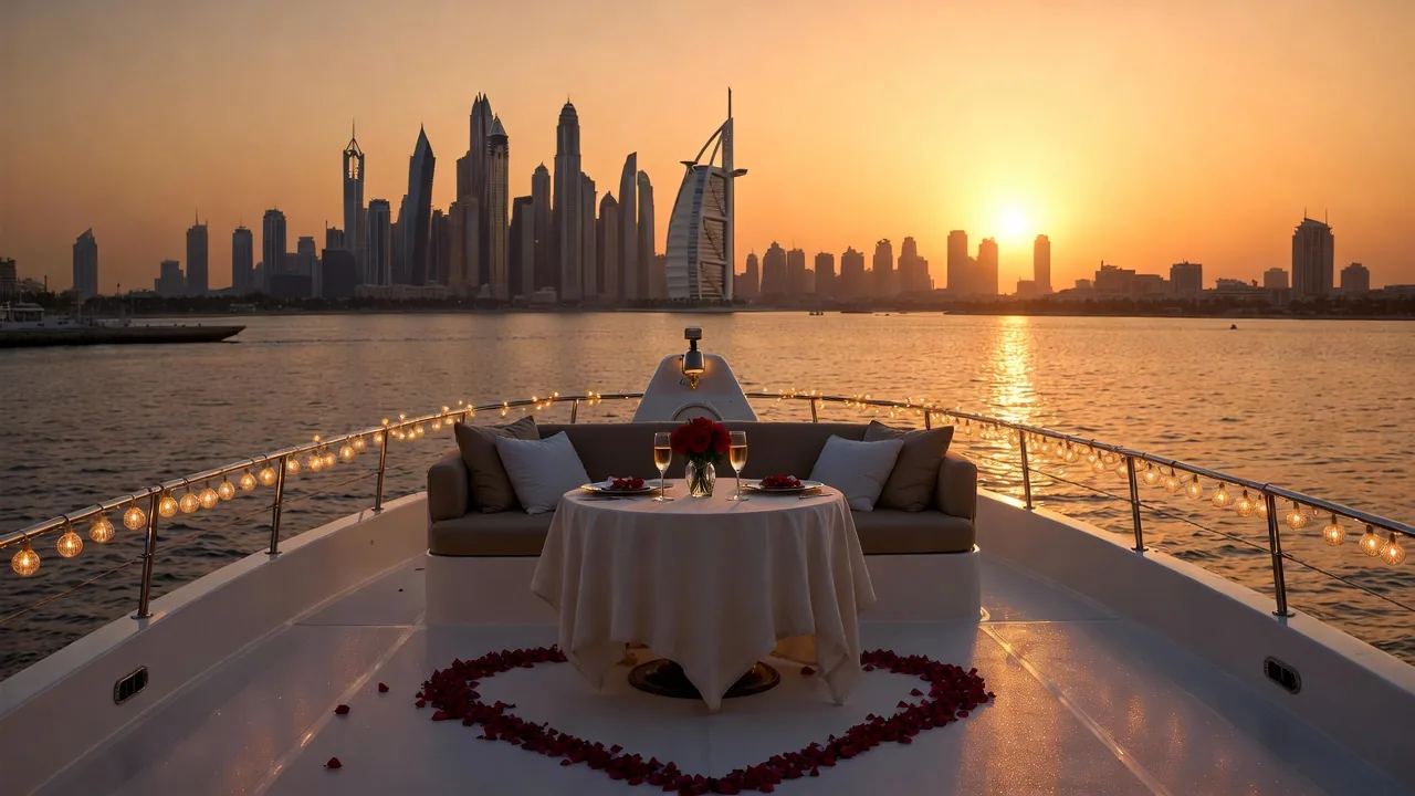 Romantic proposal on a private yacht in Dubai with roses, champagne, and Burj Al Arab sunset view